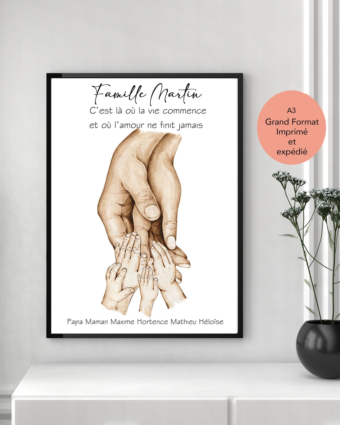 Affiche A3 IMPRIMEE et expédiée, Cadeau mains FAMILLE,  Cadeau fête des pères,  Cadeau parents et enfants personnalisable, cadeau naissance