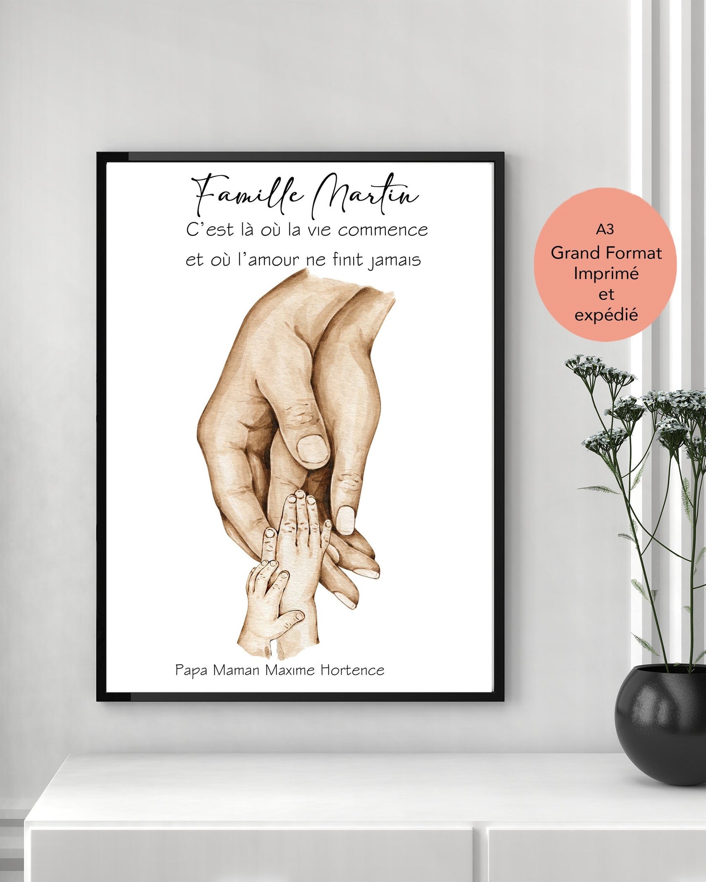 Affiche A3 IMPRIMEE et expédiée, Cadeau mains FAMILLE,  Cadeau fête des pères,  Cadeau parents et enfants personnalisable, cadeau naissance