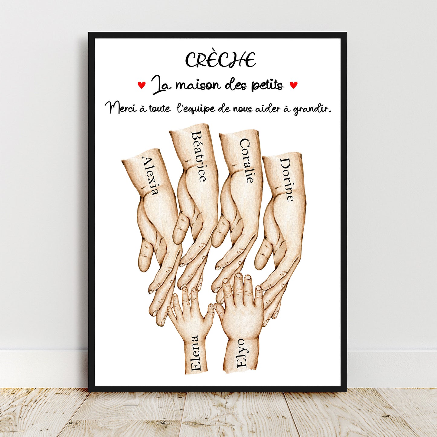 Cadeau pour CRÈCHE, nombre de nounous et d'enfant personnalisable, Affiche a4 ou A3 mains nounou enfant, cadeau fin de contrat