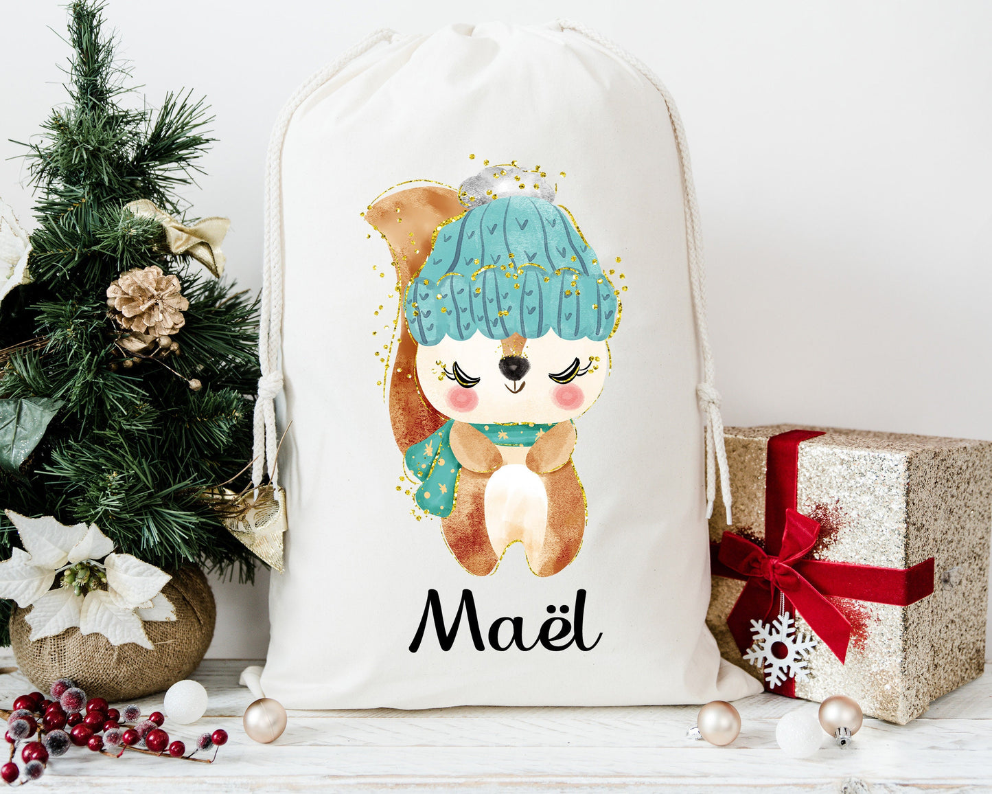 Hotte de noël personnalisable, sac de noël Renne fille, emballage écologique