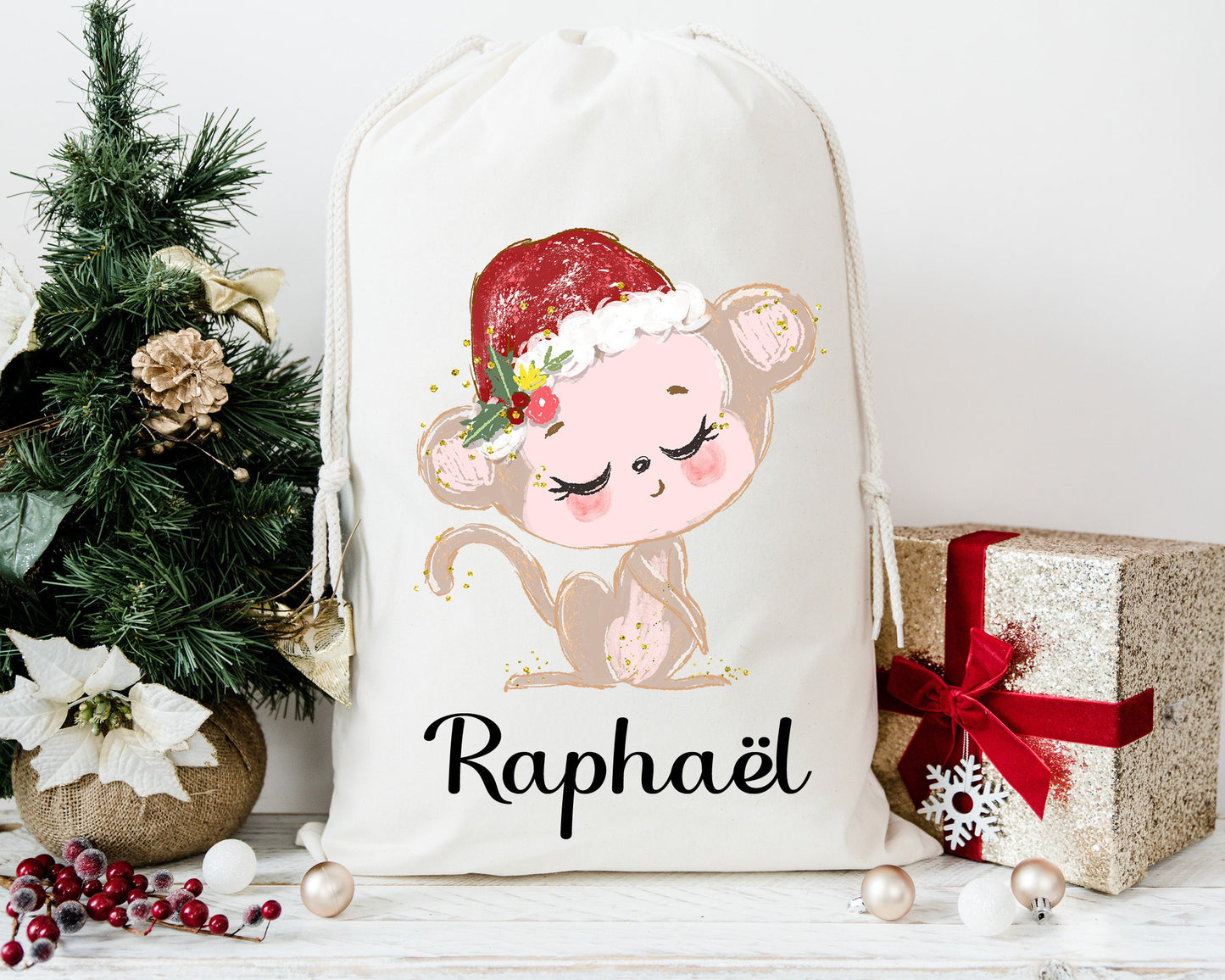 Hotte de noël personnalisable, sac de noël Renne fille, emballage écologique