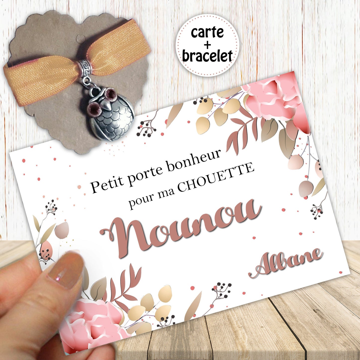 Bijou Porte Bonheur - Bracelet Extensible - Chouette - Carte Remerciement Personnalisable - Cadeau Français - AESH, Maîtresse, ATSEM, Nounou