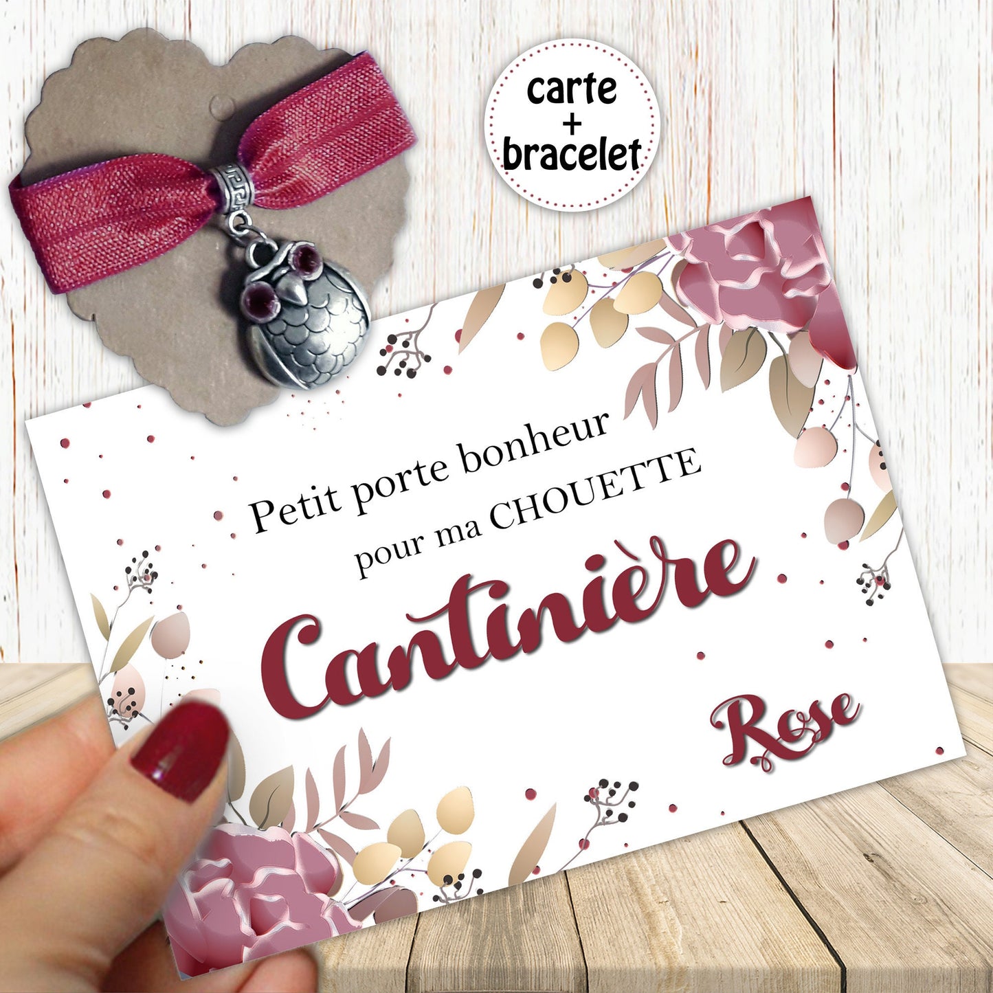 Bijou Porte Bonheur - Bracelet Extensible - Chouette - Carte Remerciement Personnalisable - Cadeau Français -  Nounou, Pédiatre, Coach, Amie