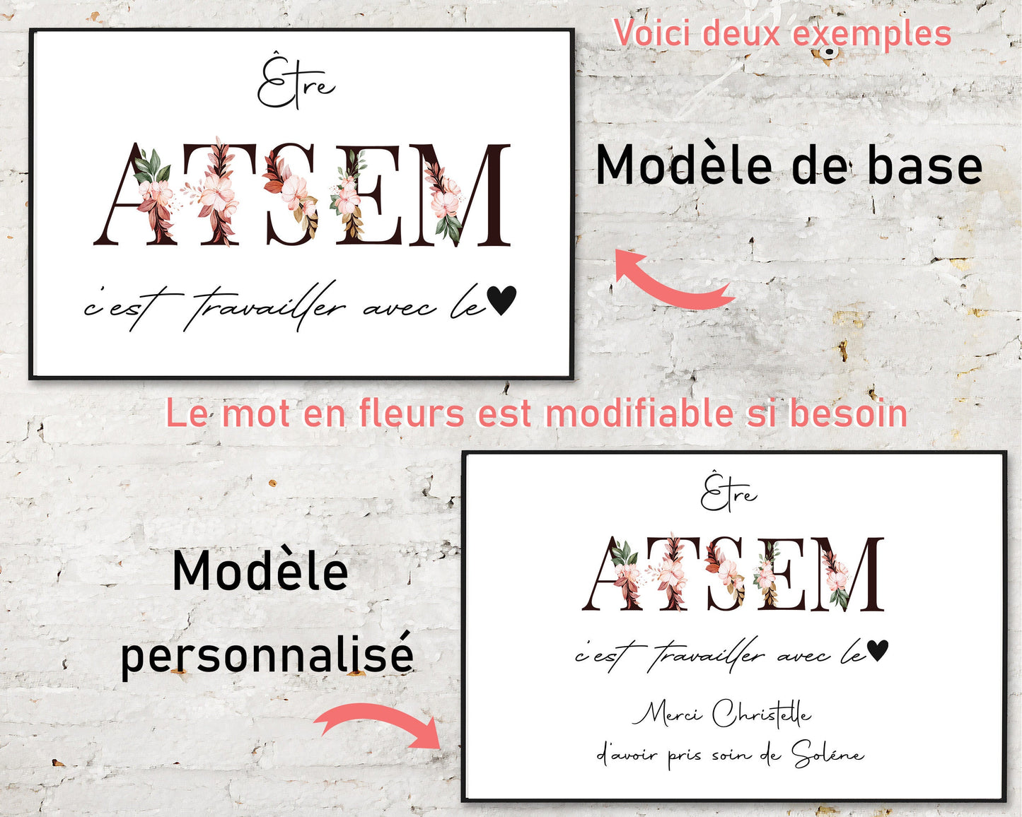 Affiche Personnalisee - Cadeau personnalisé, maîtresse, atsem, nounou, cadeau de remerciement - Affiche A4 ou A3 - Cadre en option pour A3