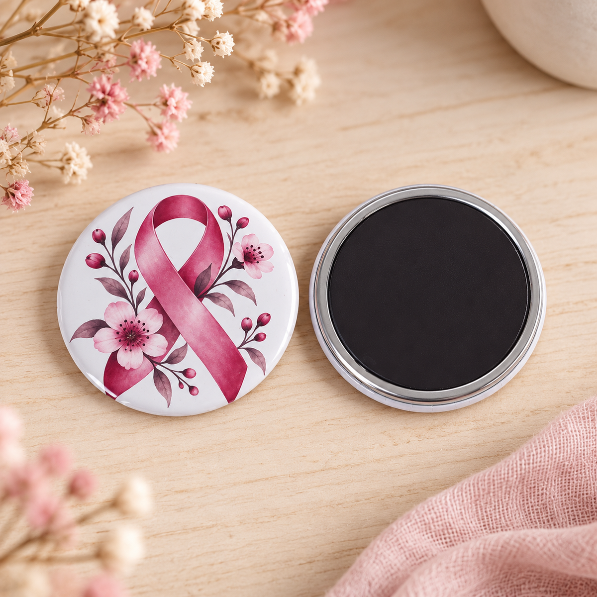Magnet Octobre Rose 50 mm présenté face et dos avec dos aimanté noir