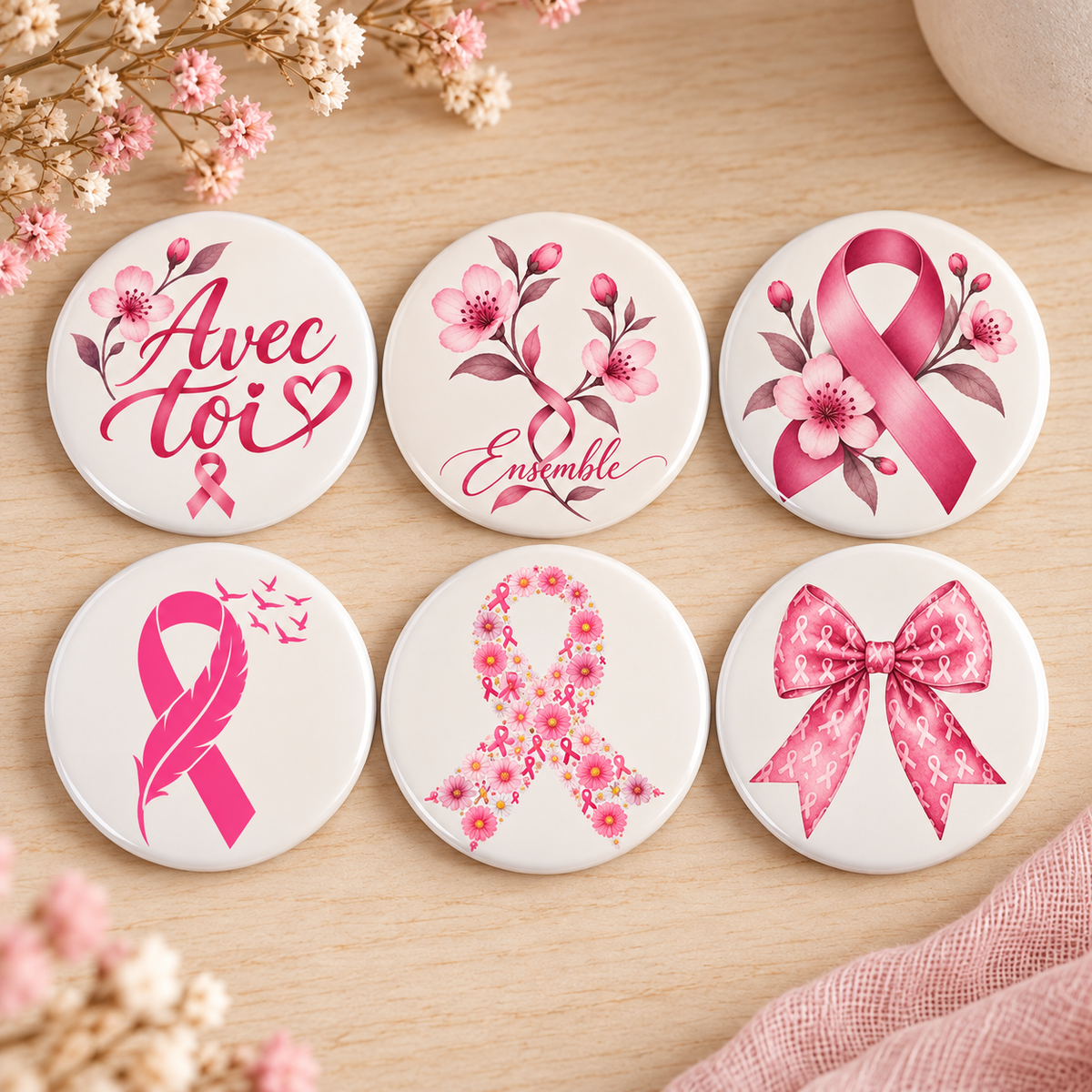 Six magnets Octobre Rose 50 mm, première sélection de visuels