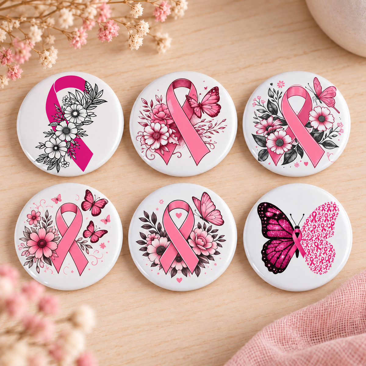 Six magnets Octobre Rose 50 mm, troisième sélection de visuels