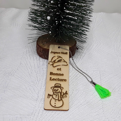 Marque-page Noël bois gravé - Cadeau artisanal personnalisé avec pompon