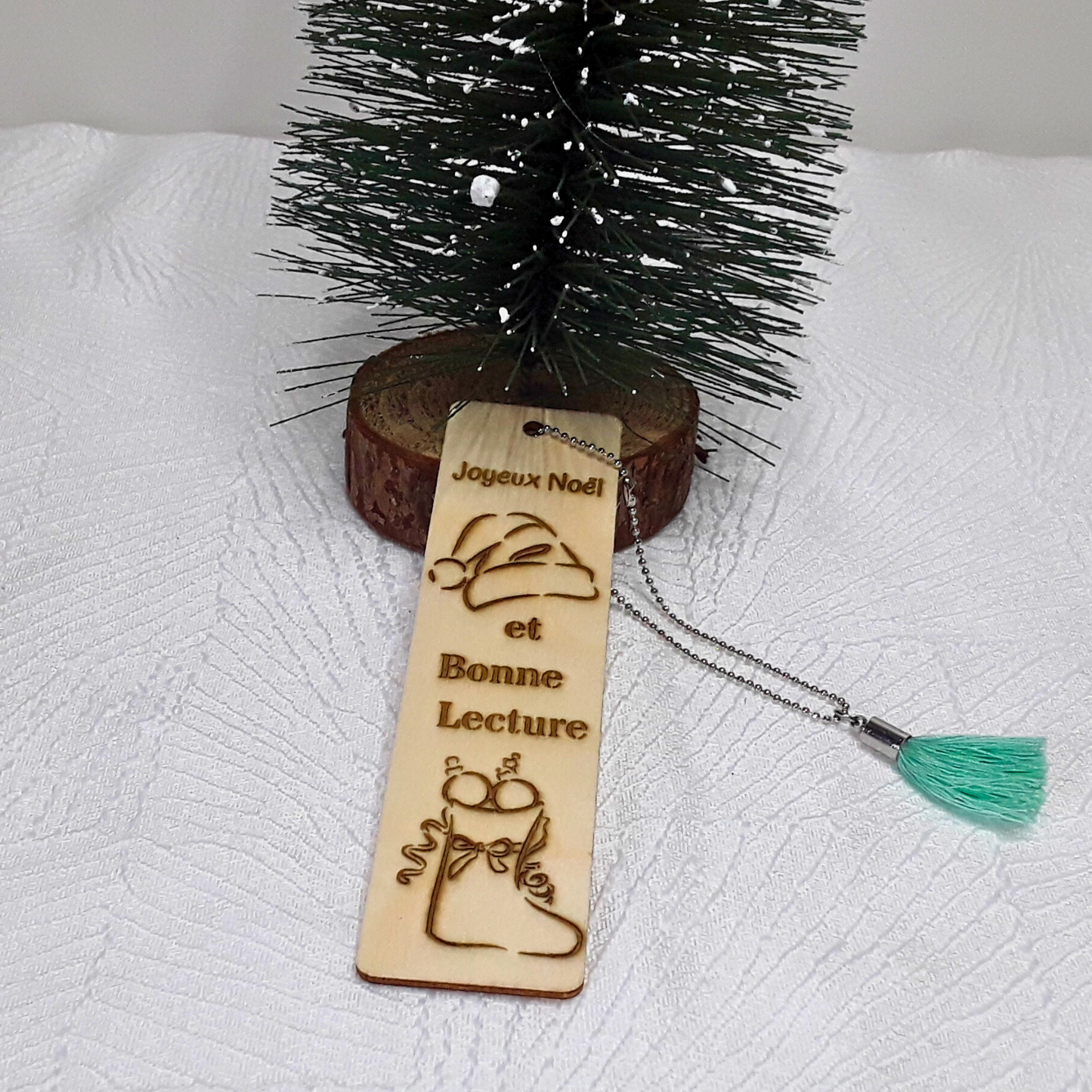 Marque-page Noël bois gravé - Cadeau artisanal personnalisé avec pompon