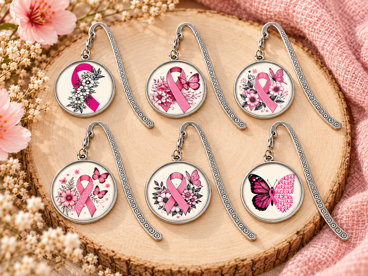 Six marque-pages Octobre Rose avec les derniers visuels cabochon 25 mm de la collection