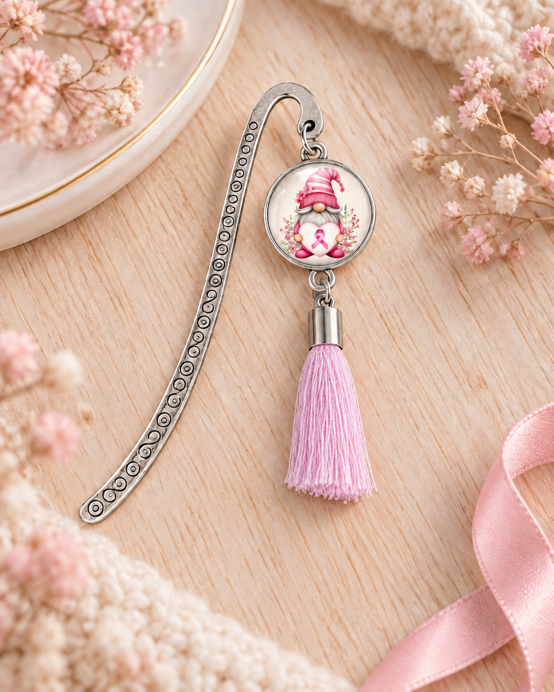 Marque-page pompon Octobre Rose en métal argenté avec cabochon 16 mm et gnome au ruban rose