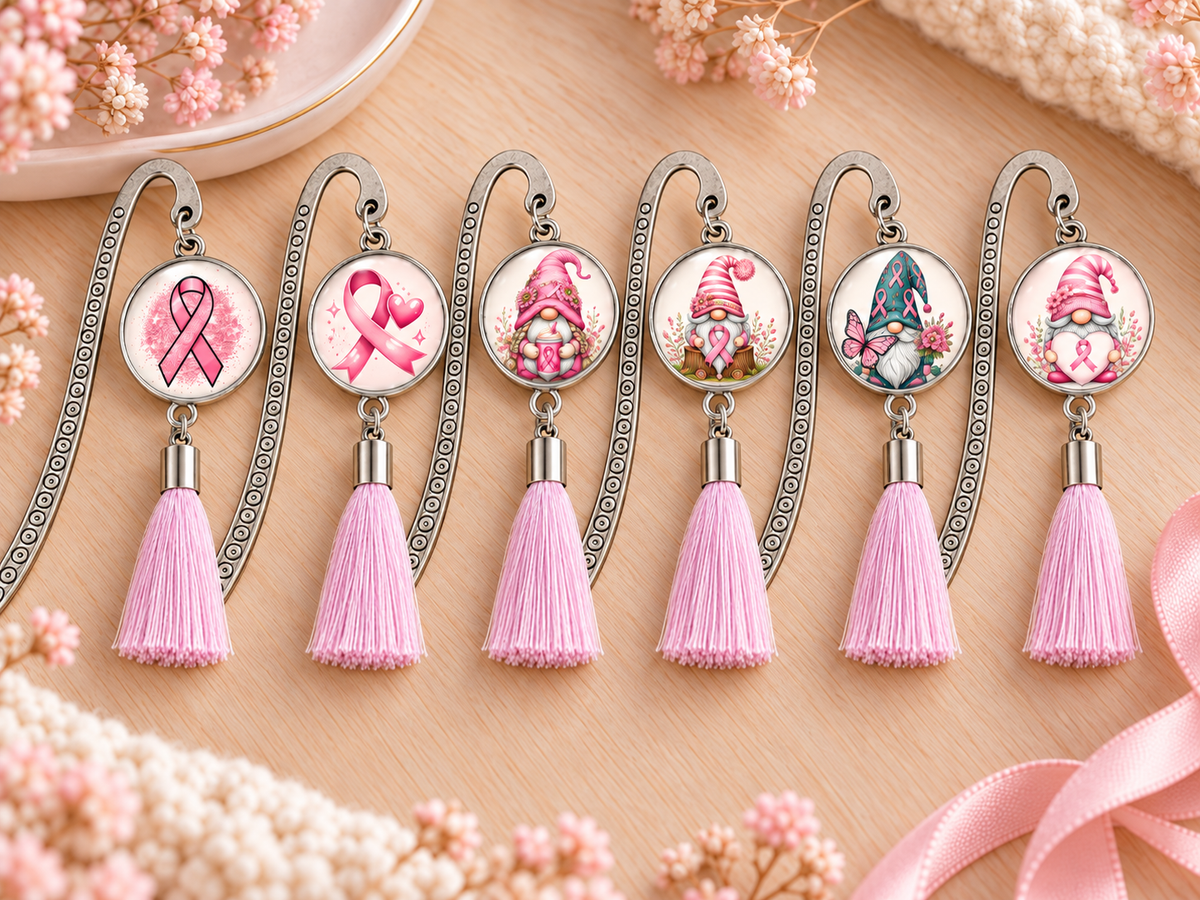 Six marque-pages pompon Octobre Rose avec cabochon 16 mm, rubans roses et gnomes