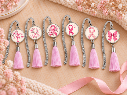 Marque-page pompon Octobre Rose – Cabochon 16 mm – 18 visuels au choix