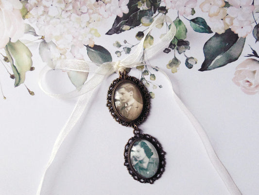 Médaillon photo pour bouquet de mariée - Souvenir défunt personnalisé - Bijou de mariage fait main - Pendentif mémoire