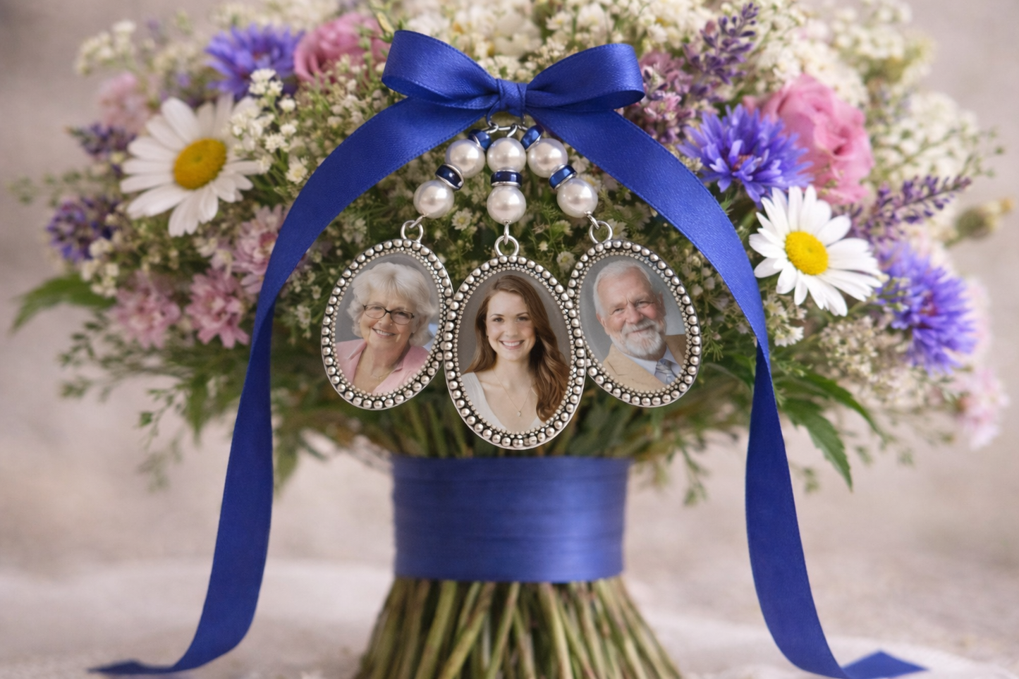 Bridal bouquet medallion, customizable with photo or text, pearl and ribbon color of your choice, emotion, souvenir jewelry, tribute to a loved one