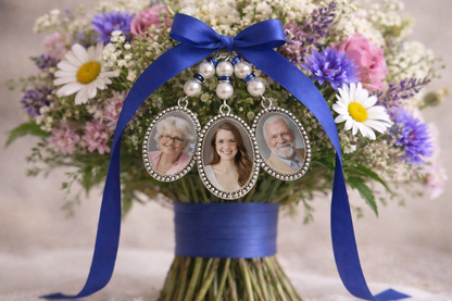 Bridal bouquet medallion, customizable with photo or text, pearl and ribbon color of your choice, emotion, souvenir jewelry, tribute to a loved one