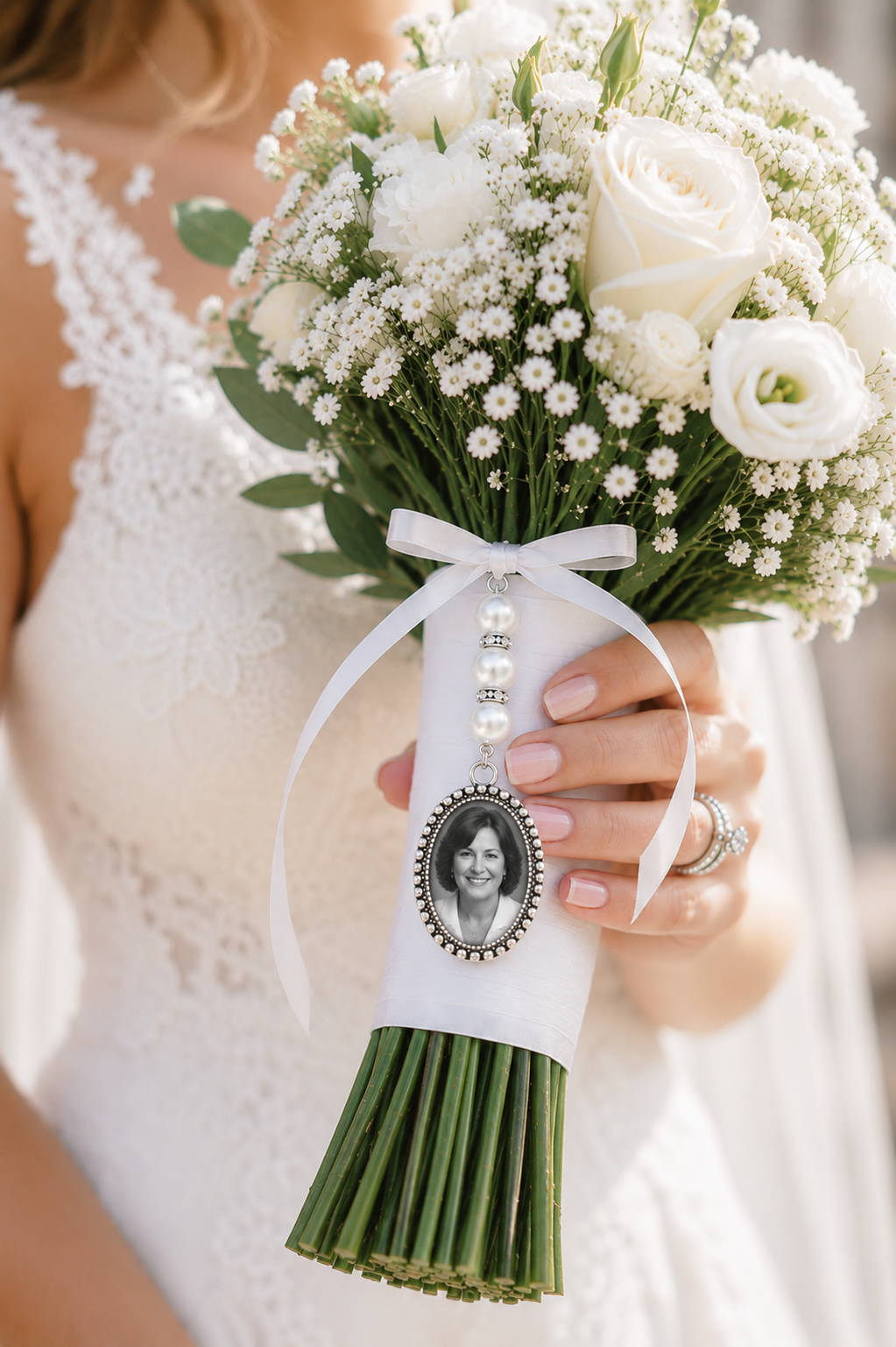 Bridal bouquet medallion, customizable with photo or text, pearl and ribbon color of your choice, emotion, souvenir jewelry, tribute to a loved one