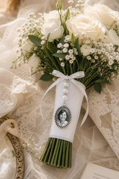 Bridal bouquet medallion, customizable with photo or text, pearl and ribbon color of your choice, emotion, souvenir jewelry, tribute to a loved one