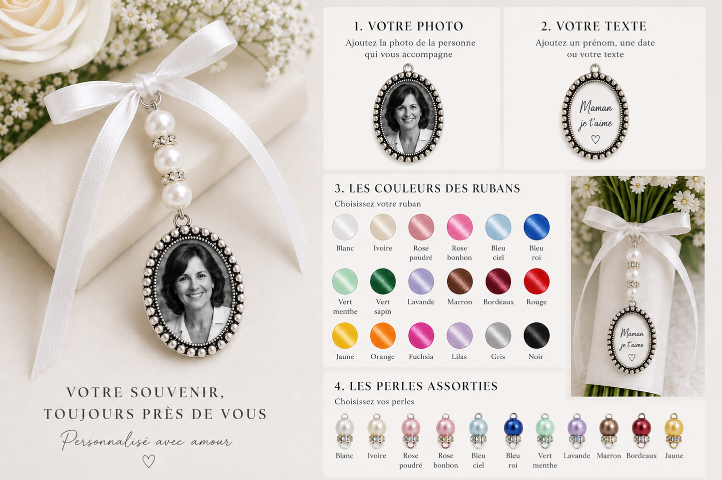 Bridal bouquet medallion, customizable with photo or text, pearl and ribbon color of your choice, emotion, souvenir jewelry, tribute to a loved one