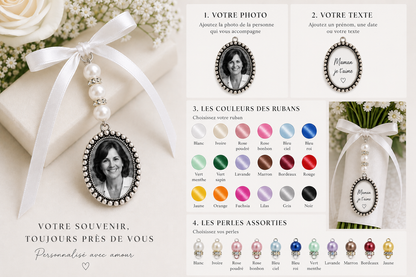 Bridal bouquet medallion, customizable with photo or text, pearl and ribbon color of your choice, emotion, souvenir jewelry, tribute to a loved one
