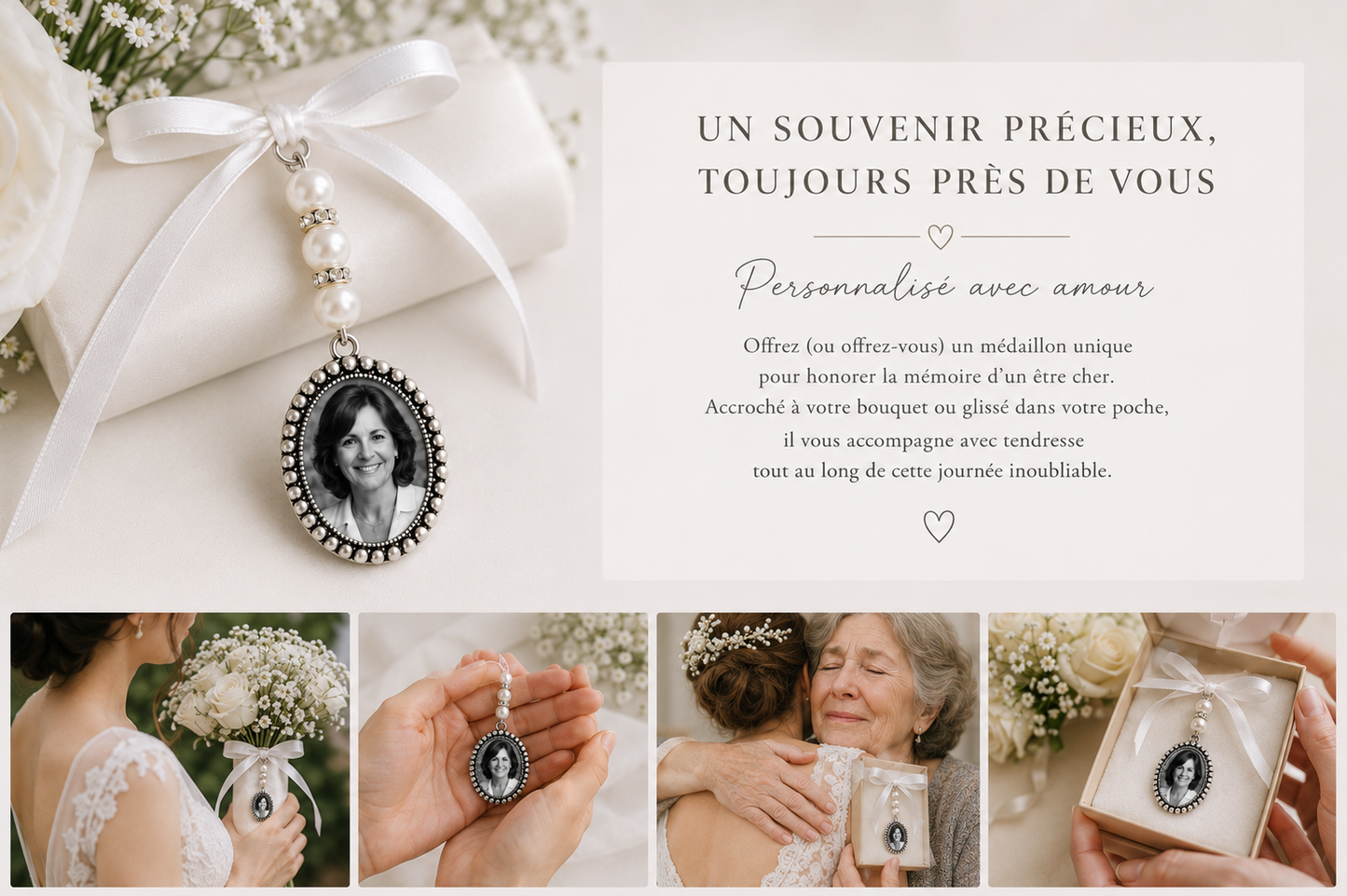Bridal bouquet medallion, customizable with photo or text, pearl and ribbon color of your choice, emotion, souvenir jewelry, tribute to a loved one