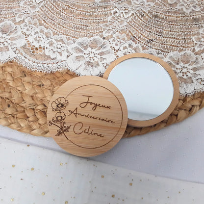 Miroir en bambou - Gravure personnalisée - Petit cadeau original