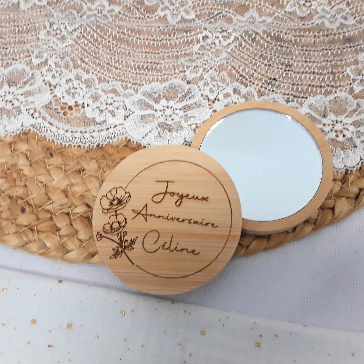 Miroir en bambou - Gravure personnalisée - Petit cadeau original