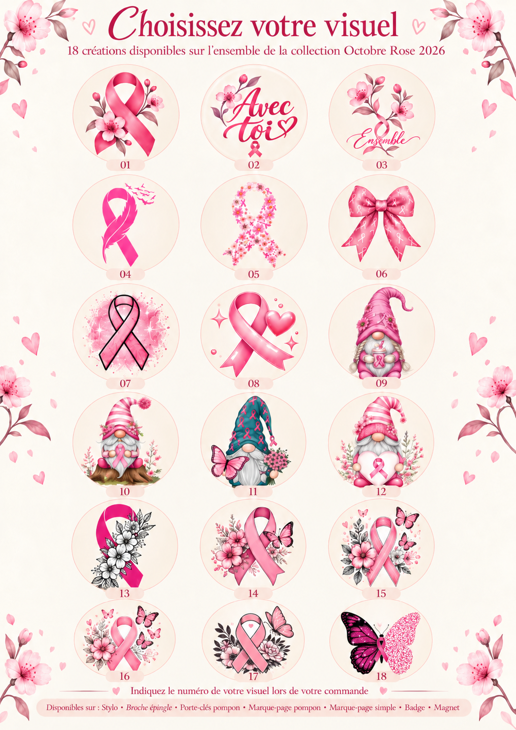 Planche des 18 visuels au choix pour le marque-page pompon Octobre Rose