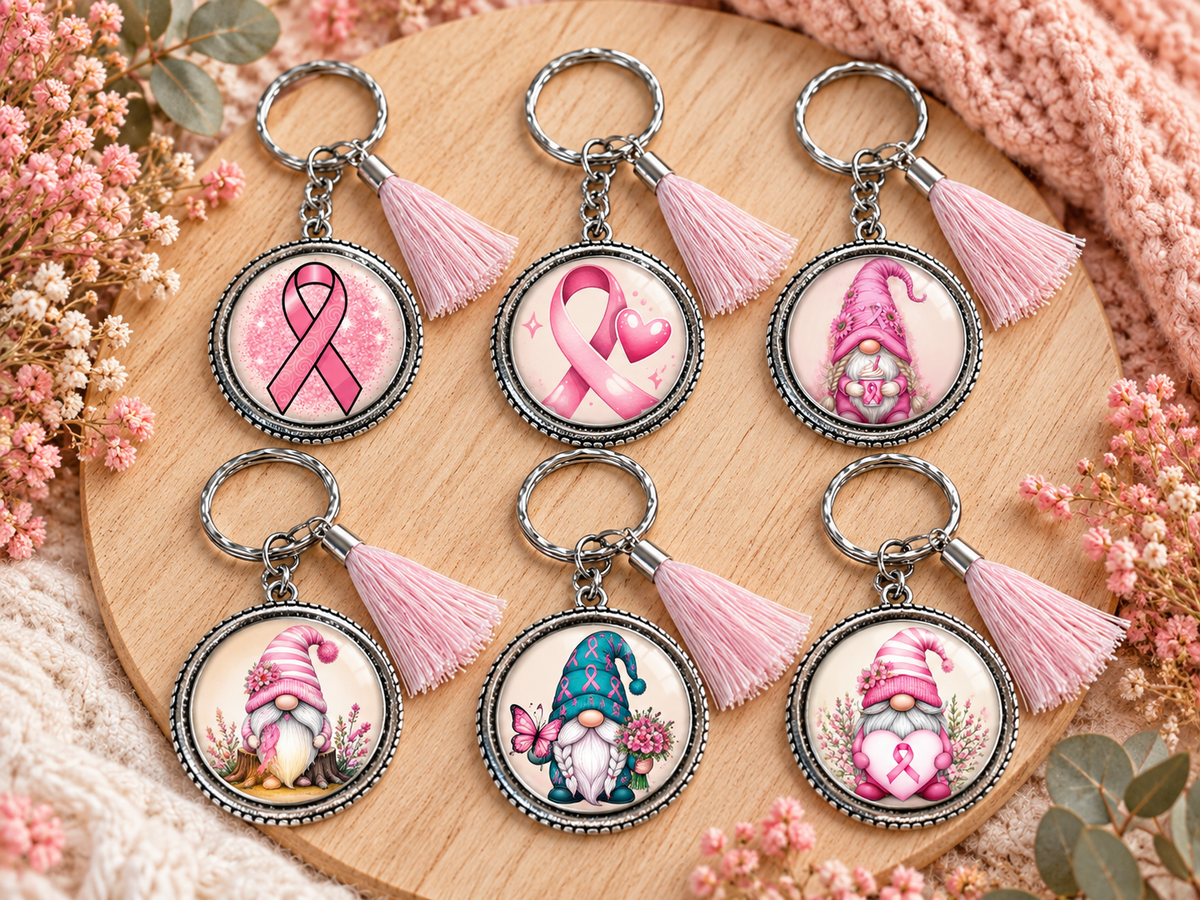 Six porte-clés Octobre Rose avec pompon rose et six visuels différents