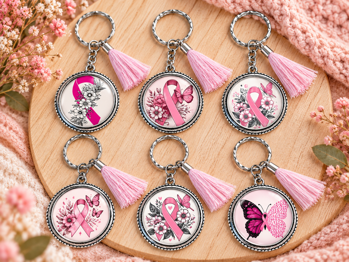 Six porte-clés Octobre Rose avec pompon rose et six autres visuels au choix