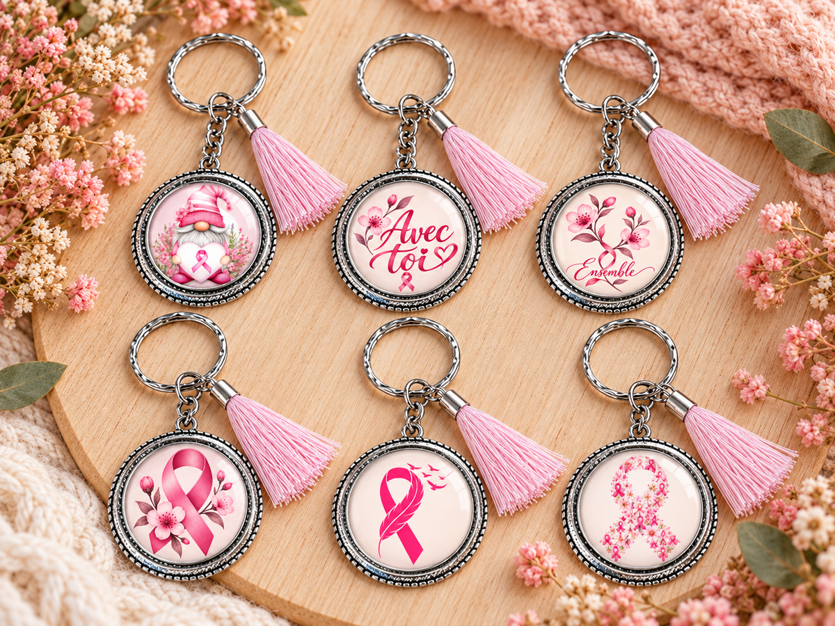 Six porte-clés Octobre Rose avec pompon rose et six visuels supplémentaires au choix