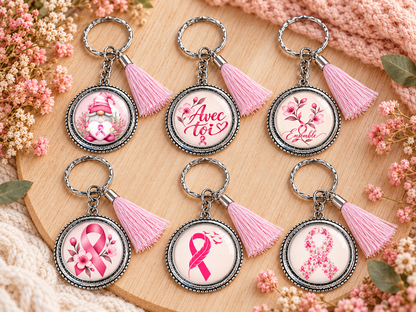 Six porte-clés Octobre Rose avec pompon rose et six visuels supplémentaires au choix