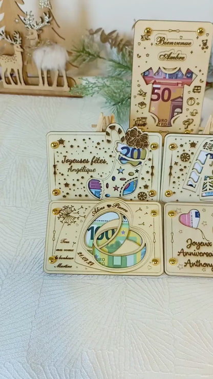 Carte cadeau bois Noël – Gravure artisanale – Présentation billet élégante – Cadeau original, étrenne, remerciement