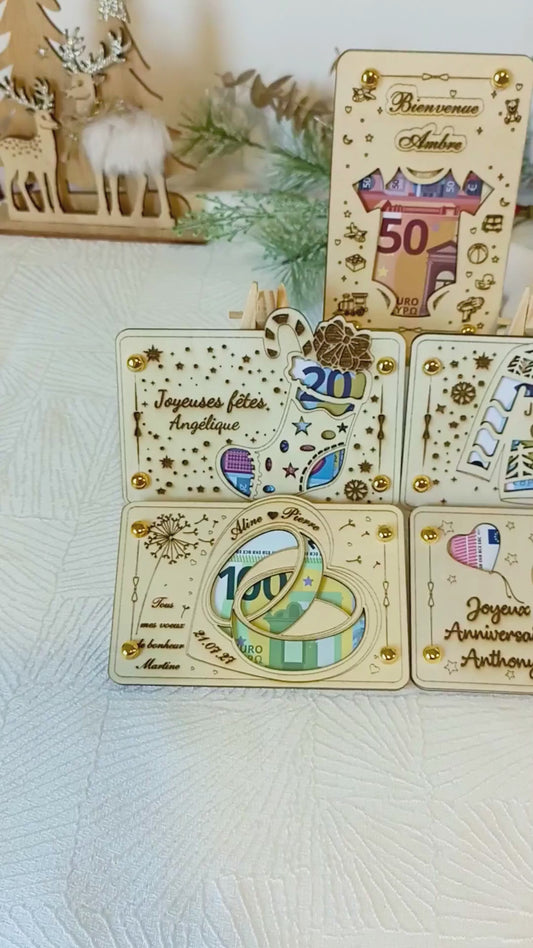 Carte cadeau bois Noël – Gravure artisanale – Présentation billet élégante – Cadeau original, étrenne, remerciement