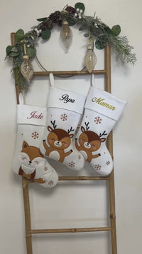 Grande Chaussette de Noël Personnalisée en France - Texte Pailleté - Motif Renne ou Renard Brodé - Idée Cadeau Personnalisé Famille - Mon Premier Noël