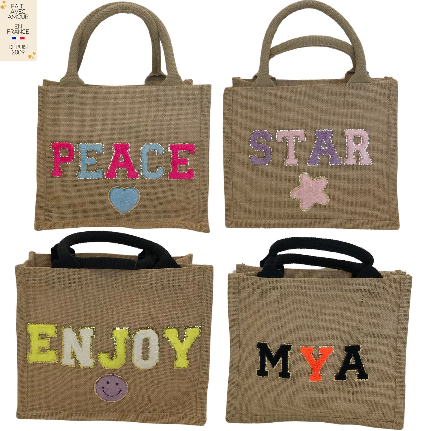 Sac cabas en jute 100% naturelle - Personnalisé en France - 11 couleurs d'initiales et 60 motifs - Idéal pour un cadeau original et durable