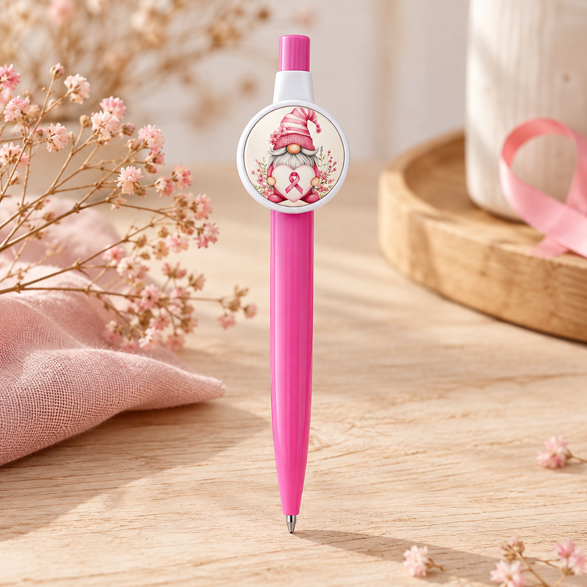 Stylo Octobre Rose 2026 rose avec cabochon 25 mm et visuel gnome ruban rose