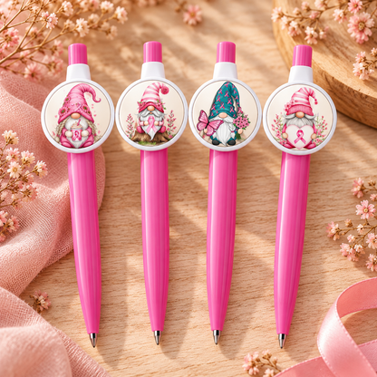 Quatre stylos Octobre Rose avec quatre visuels gnomes différents