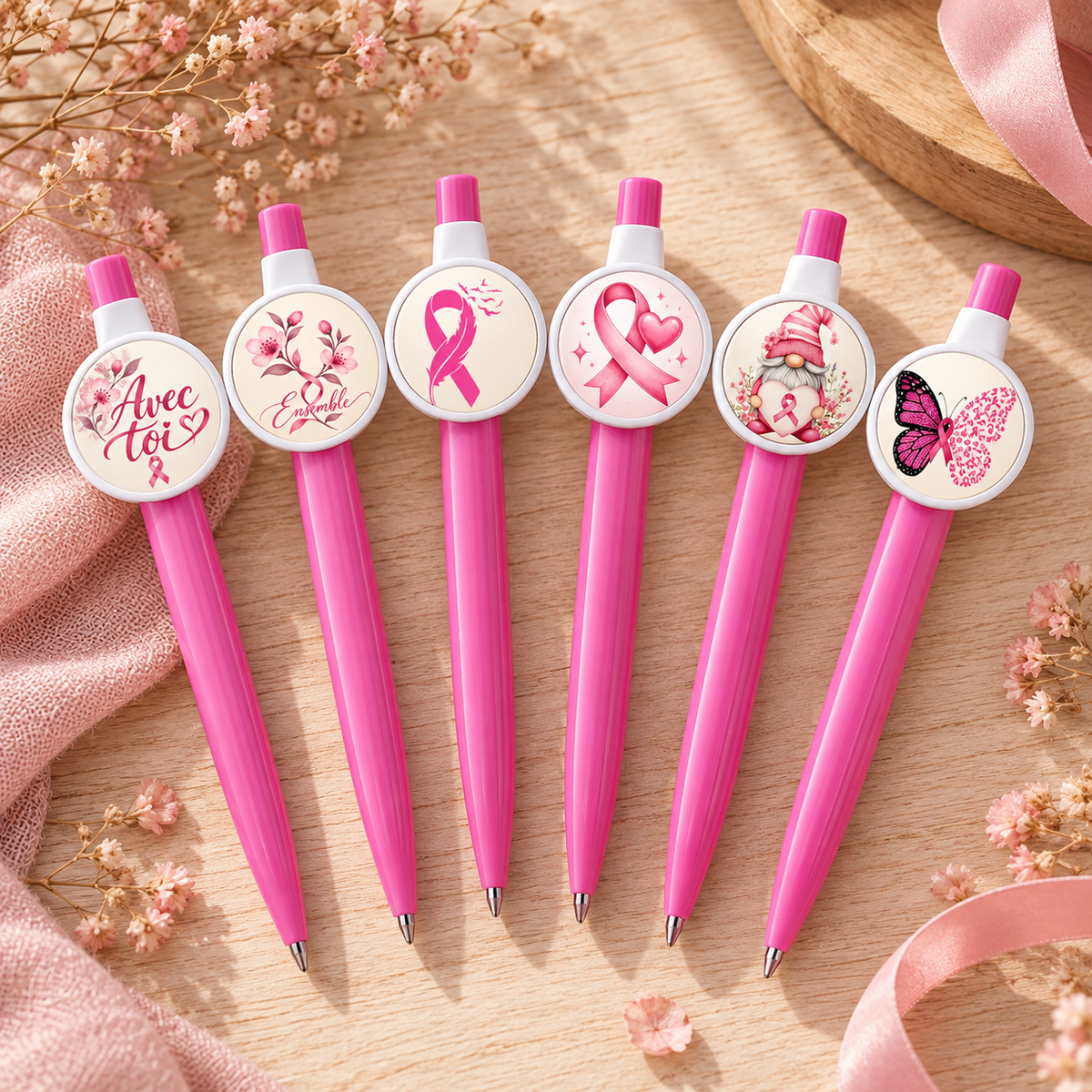Six stylos Octobre Rose avec six visuels différents au choix