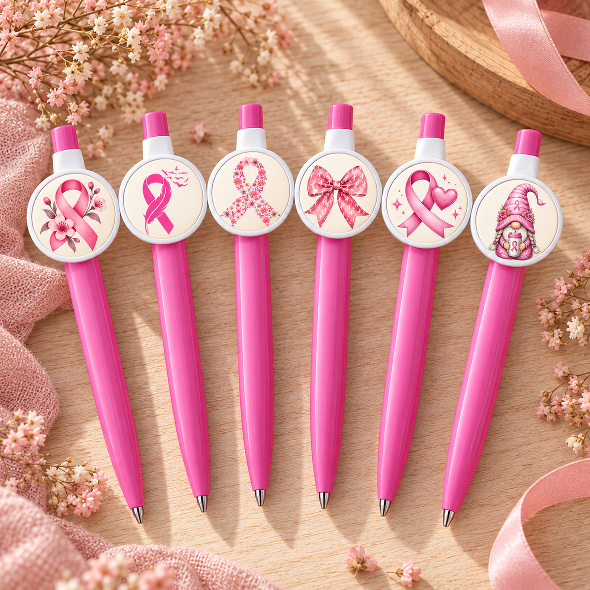 Six stylos Octobre Rose avec six autres visuels au choix
